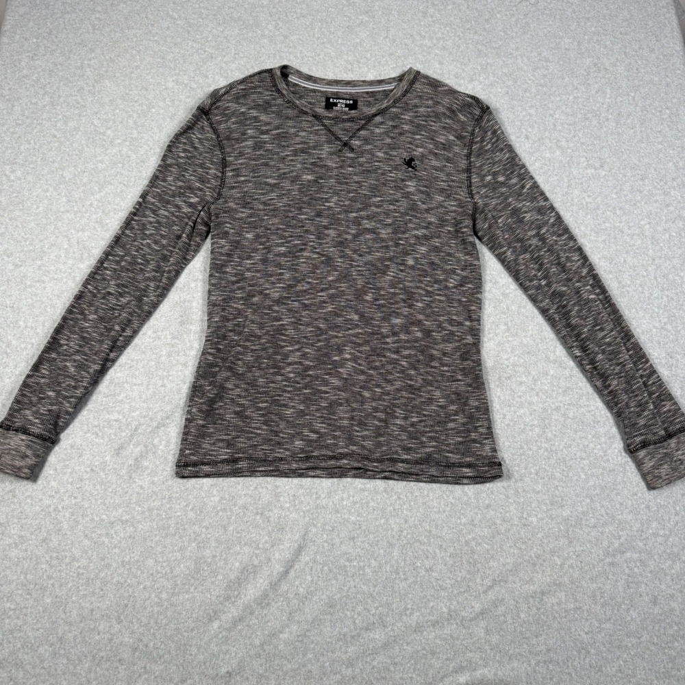 Express Mens Gray Waffle Knit Long Sleeve Thermal Shirt Lion Logo Size M